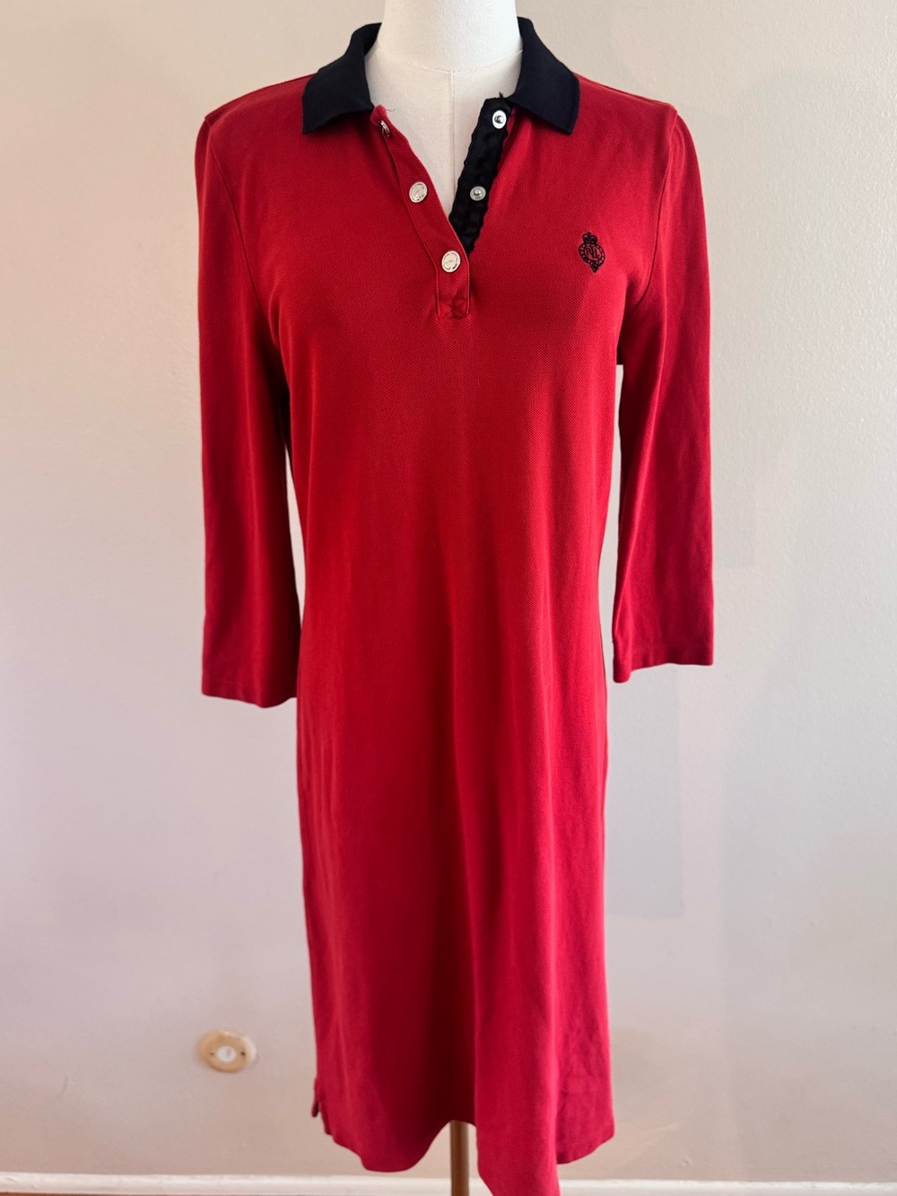 Vintage Ralph Lauren Red Polo Knit Midi Dress with Black Collar - 100% Cotton